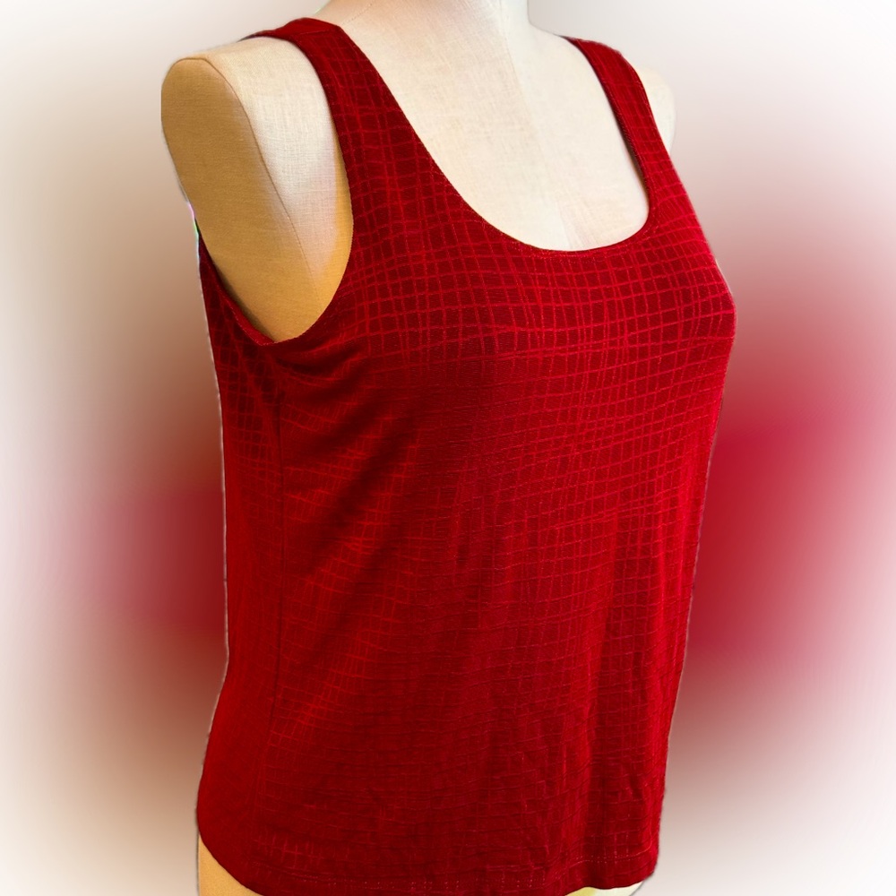 CHICO’S PRIVATE COLL deep red & black accent pattern Travelwear Tank Sz 3 = XL